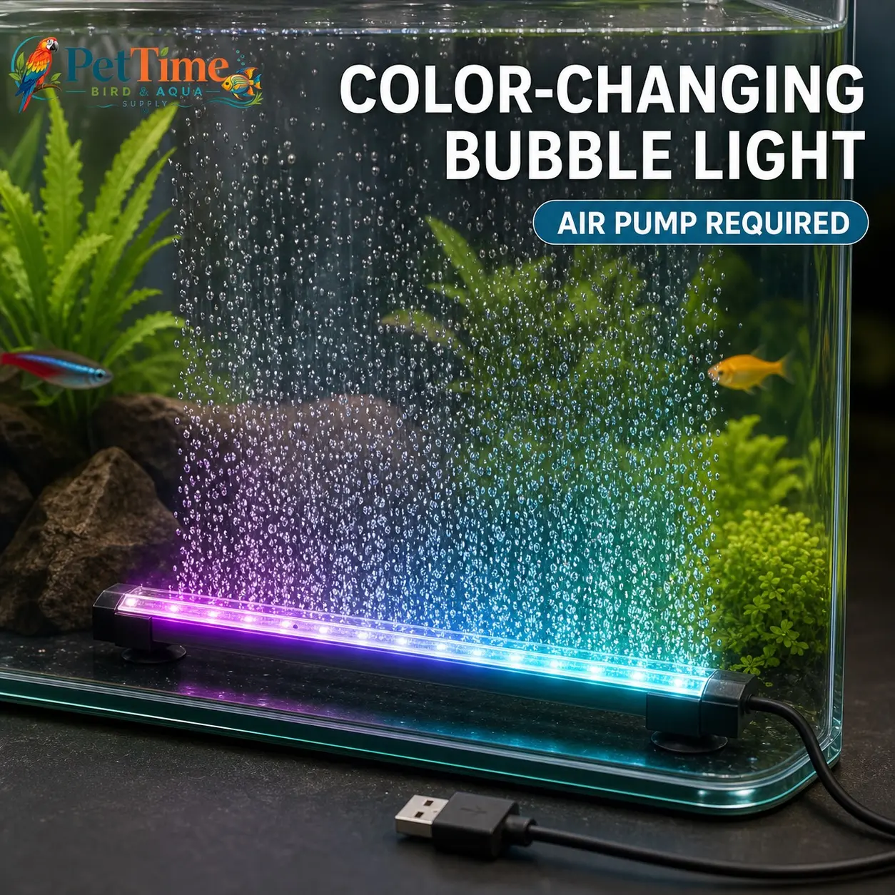 Multi-SizeAquarium LED Bubble Light, USB Color-Changing Submersible Light Bar with Suction Cups for Small Fish Tanks, Air Pump Required and Not Included