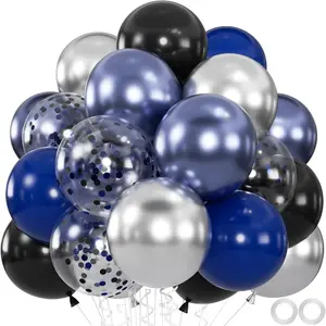 60pcs Blue and Black Balloon, 12" Navy Metallic Blue & Silver Confetti Balloons for 2025 Graduation, Father’s Day, Birthday Party Supplies (66ft Ribbons)