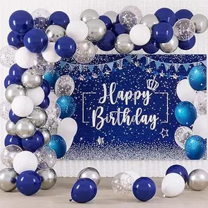 Blue and Silver Party Decorations for Men, Navy and Silver Birthday Backdrop with 70pcs Navy, Silver and White Balloon Garland Kit, Birthday Party Decoration Supplies Photo Backdrop Background