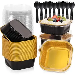 150 Pack 10 oz Mini Cake Pans with Lids &, Black and Gold Foil Square Dessert Cups, Disposable Baking Tins for Wedding,, Catering & Bakery