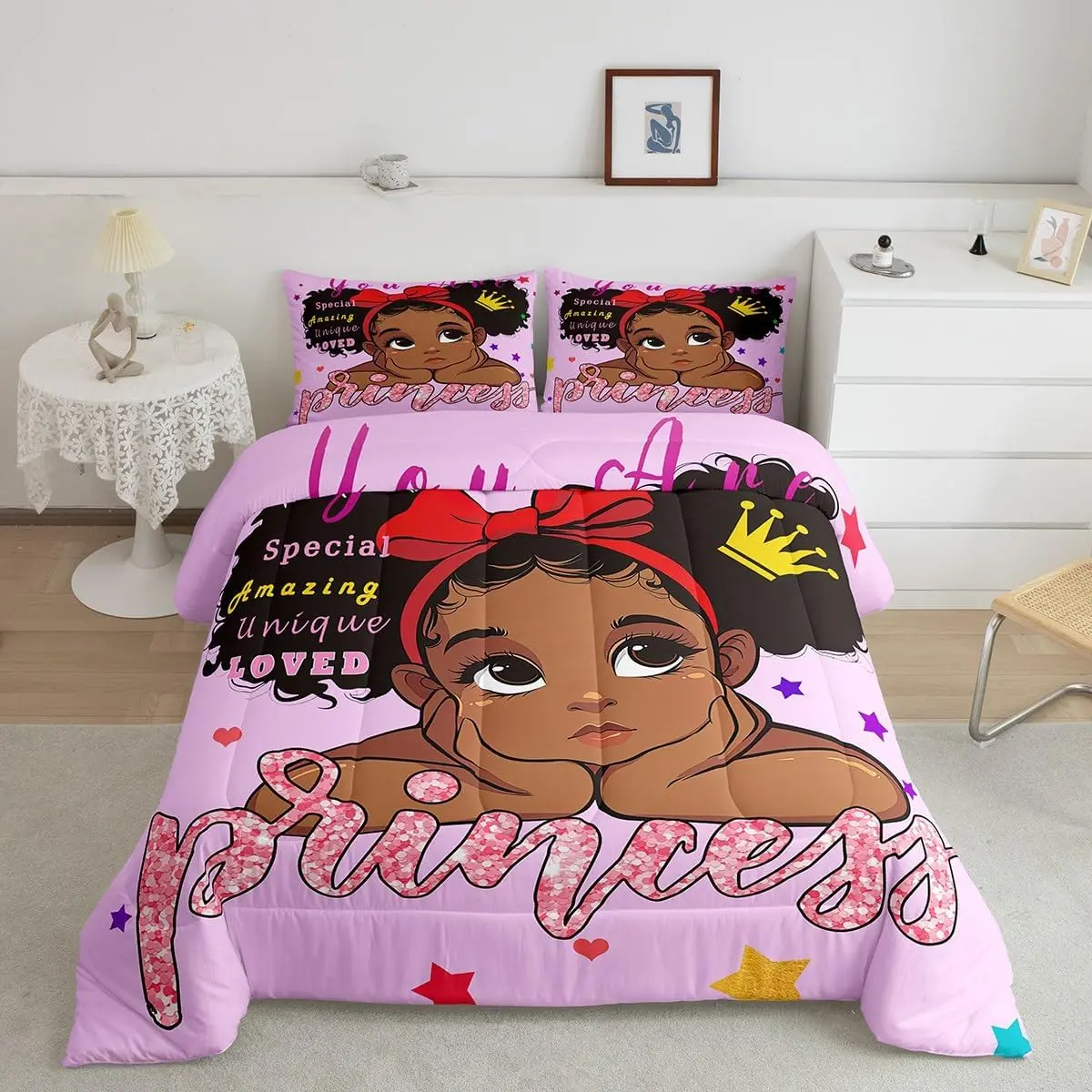 Feelyou Black Girls Magical African Theme Duvet Set - Polyester Fiber Insert, Gentle Soft Printed Blanket, Soft Warm Multi-Size Princess Afro Melanin Design Pink Bedroom Bedding Set, Gentle Soft Blanket
