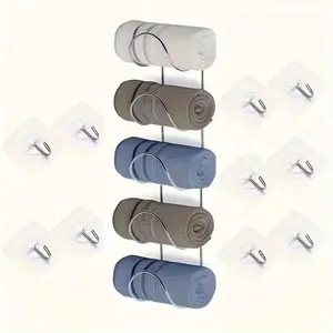 TAIMASI 5pcs Wall-Mounted Punch-Free Towel Storage Rack - Space-Saving, Multi-Functional Organizer For Towels & Bottles - Stylish Bathroom Accessories Set - For Bathroom Organization - Suitable For All Bathroom Styles - Great Gift For Housewarming