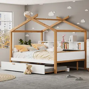 Full Size House Bed Frame with Trundle Bed, Full Platform Bed Frame with Bookshelves, Wooden House Bed Frame for Bedroom, Can be Decorated, White+Natural