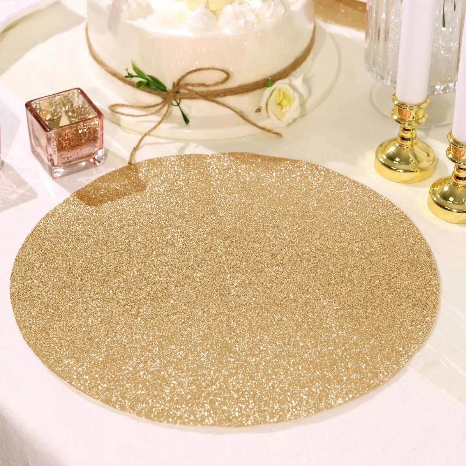 6-Pack 13" Round Glitter Finish Tableware Placemats - Non-Slip, Glam, Stain Protection, Champagne Sparkle for Coffee Table Decor
