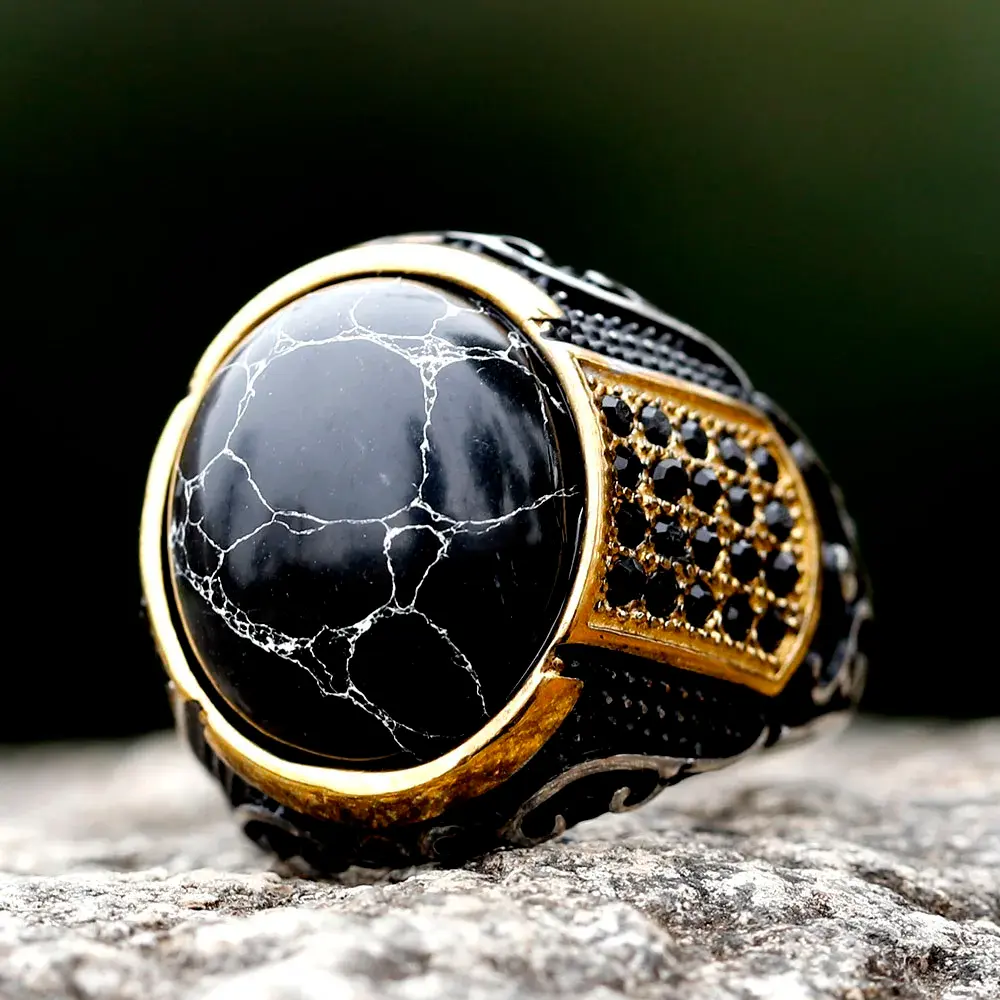 New Men's Stainless Steel Artificial Gemstone Ring Trendy Design with Colorful Black Stones Fashion Jewelry Accessory