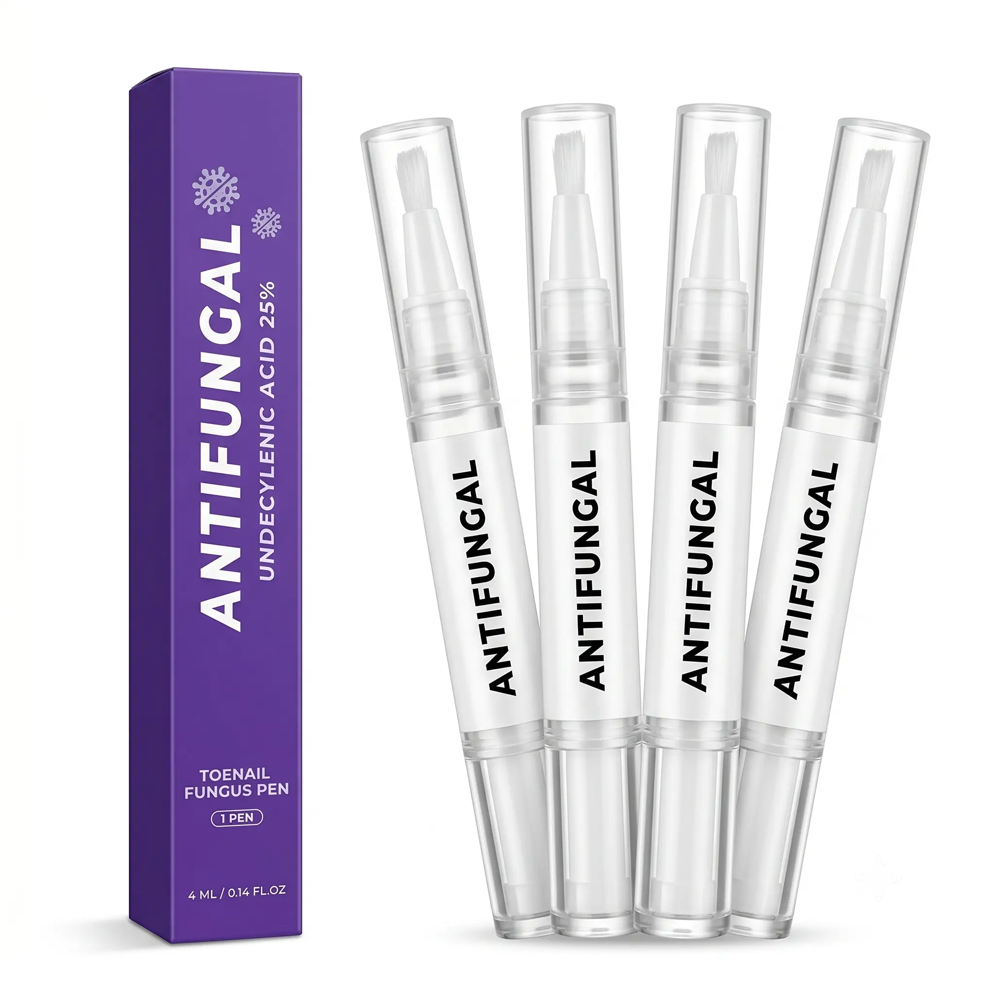 4pcs 25% Concentration Undecylenic Acid Toenail Fungus Pen (0.14 Fl Oz Each) - Nail Care Fungus Eliminator, Liquid Brush Applicator for Damaged Nail Repair, Daily Essential Oils Treatment