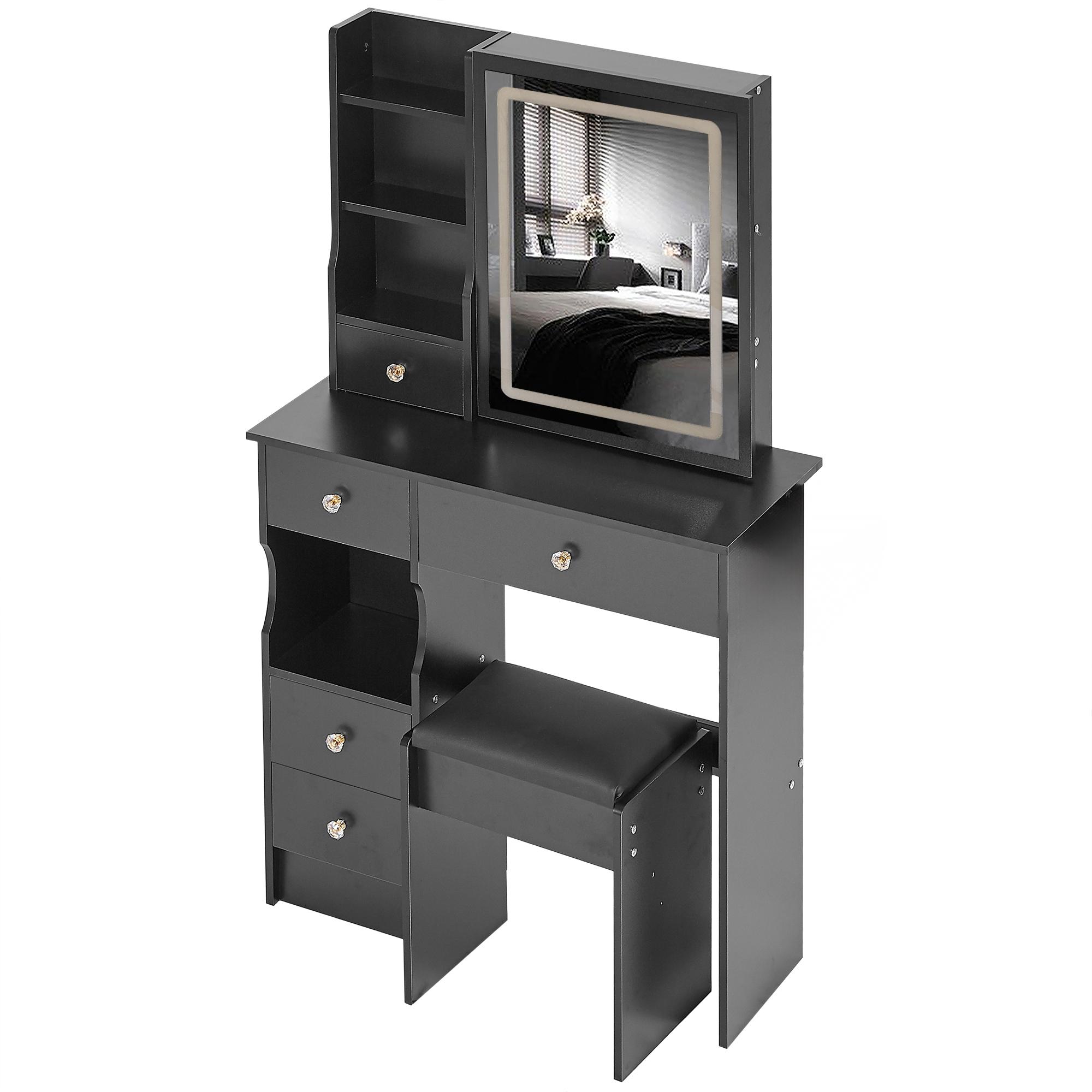 29.2" Small Size Left Drawer Desktop Vanity Table + Cushioned Stool, Large Sliding, Touch Control, Tri-color Switching, Brightness Adjust LED Mirror, High Capacity Storage, Suitable for Small Space 29.2" Small Size Left Drawer Desktop Vanity Table + Cushioned Stool, Large Sliding, Touch Control, Tri-color Switching, Brightness Adjust LED Mirror, High Capacity Storage, Suitable for Small Space