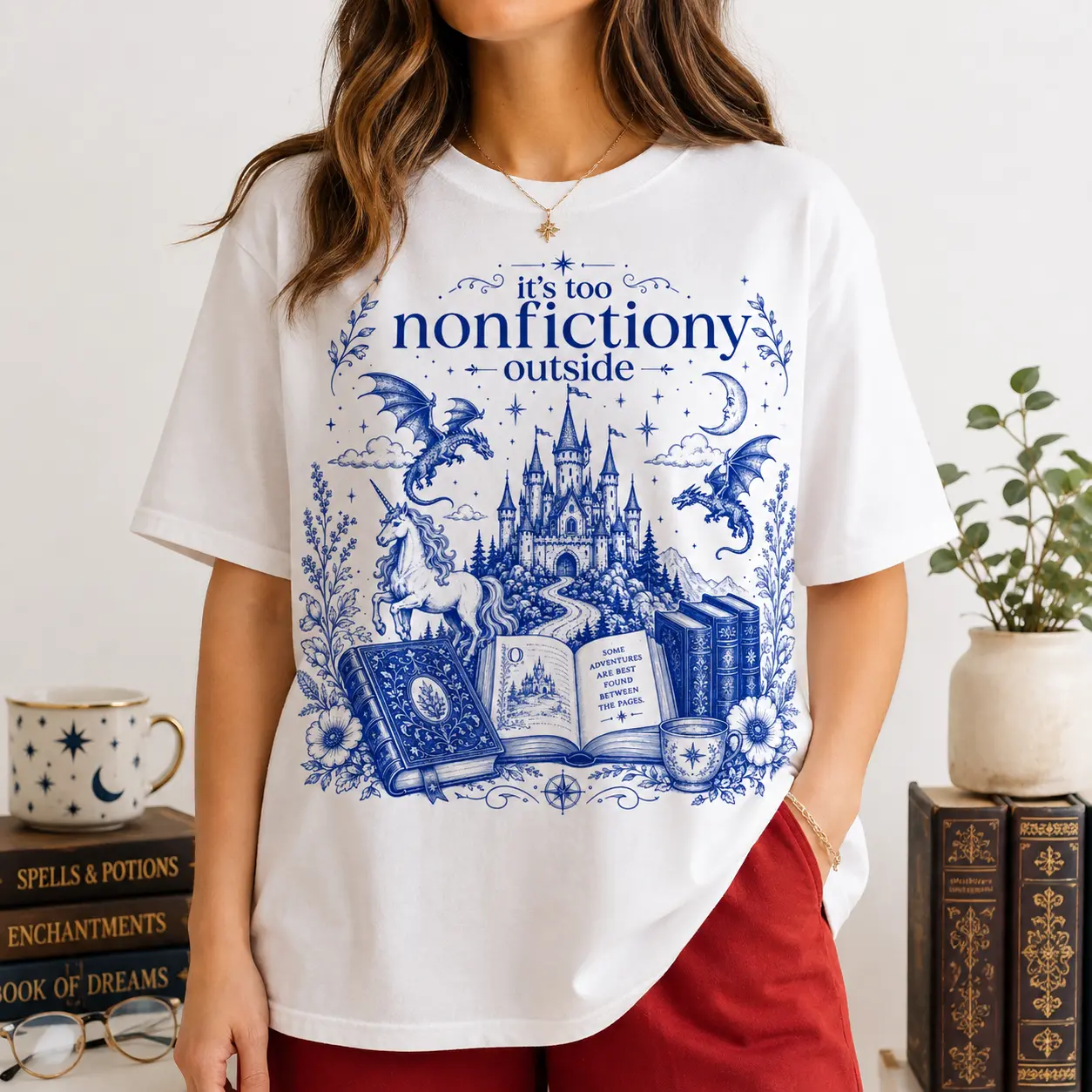 [100% Cotton] It's Too Nonfictiony Outside T-Shirt, Fantasy Book Lover Graphic Tee, Blue Dragon Castle Shirt, Magical Reading Tshirt, Dark Academia Outfit, Birthday Gift For Readers Men Women
