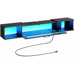 Floating TV cabinet, with LED lights and power outlets, suitable for TVs under 65inch, wall-mounted TV stand, modern media console entertainment center, suitable for living room and bedroom, black