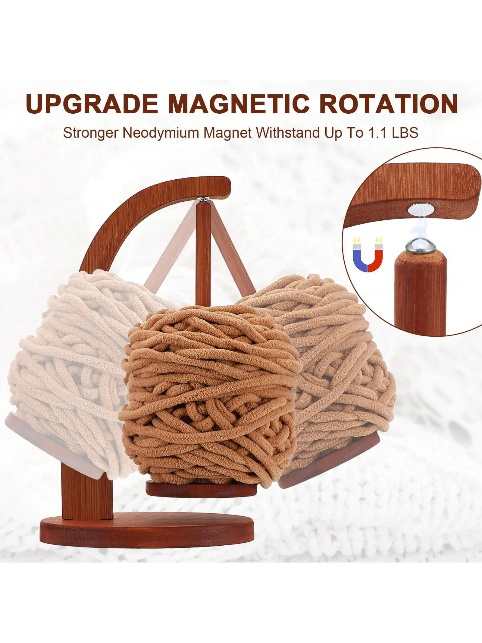Wooden Yarn Holder for Crocheting and Knitting with Magnetic Rotating Mechanism Anti-Slip Pads Crochet Gift for Knitting Lovers Brown Solid Bamboo Durability