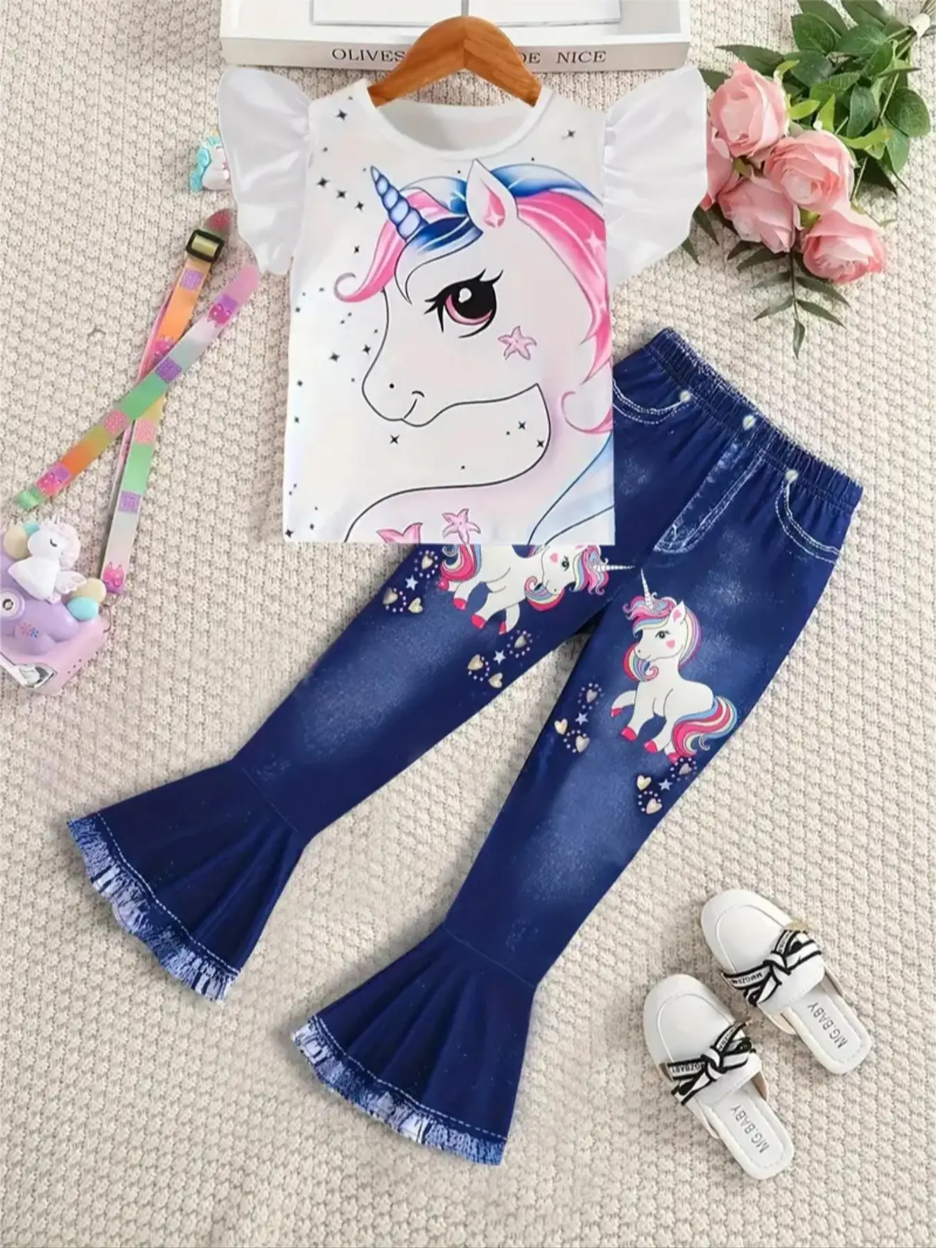 Two-piece Set Girl's Cartoon Unicorn Print Tee & Flare Leg Denim-effect Pants, Casual Fashion Round Neck Top & Trousers for Daily Outdoor Wear, Kids C