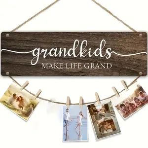 Wooden Photo Display Hanging Sign, Grandkids Make Life Grand Letter Print Hanging Plaque with Clips, Photo Display Hanging Sign for Home Office Decor, Home Bedroom Decoration, Hangable
