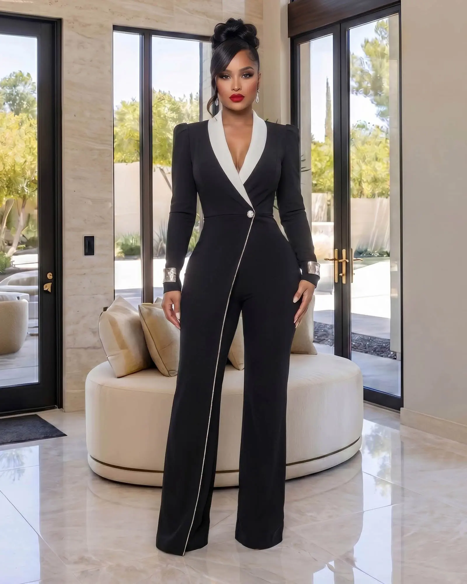 Allara Black White Lapel Tuxedo Jumpsuit