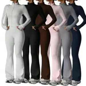 Women's Multiple colors Seamless Zipper Long Sleeve Top & Flared Leggings Activewear Set S XL Yoga Workout Running Gym Fitness Outfit