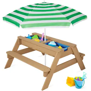 3-in-1 Convertible Outdoor Sand and Water Picnic Table for Kids with Umbrella - Green