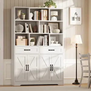 71in Tall Bookcase with Drawers and Doors, 6 Tier 47in Wide Large Bookshelf Storage Cabinet with Shelves, 8 Open Cubbies, 2 Drawers, 2 Cabinets, Modern Wooden Book Organizer for Living Room Home Office, Black or White