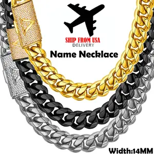 14MM A-Z Initial Name Letter Hip Hop Jewelry Miami Cuban Link Chain Stainless Steel Necklace For Men 18K Gold Plated Punk Rap Jewelry Gift