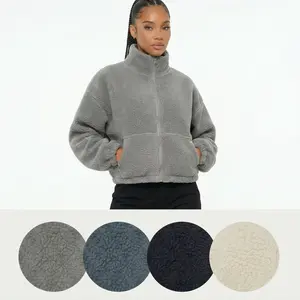 Women Sherpa Fleece Crop Zip up Jacket by High Level HL Warm Soft Fluffy Cozy - Cream, Navy, Slate Blue or Gray - Coats Tops Outerwear Comfort