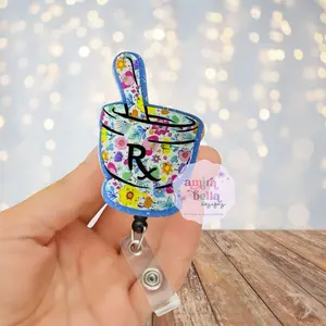 Pharmacist Pharmacy Tech Badge Reel ID Holder with Floral Design and "Rx” Symbol for Professional Use