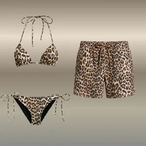 Sexy Leopard Couple Swimsuit Set, String Bikini Top and Bottom with Men’s Casual Swim Shorts for Beachwear