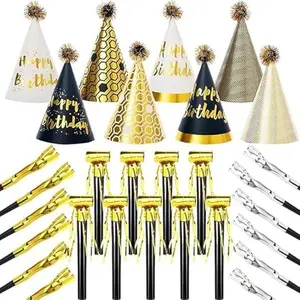 30PCS Birthday Party Decorations Golden Cone Hats Includes 8 Birthday Paper Hats And 22 Blow-Out Noisemakers, Shiny Party Decorations