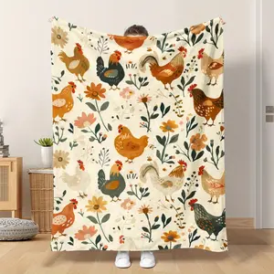Vintage Farmhouse Chicken Rooster Hen Floral Print Soft Cozy Flannel Blanket Rustic Farm Animal Pattern Plush Throw Warm Fuzzy Bedroom Sofa Couch Blanket Perfect Birthday Housewarming Gift for Women Men Kids Home Decor,summervibes