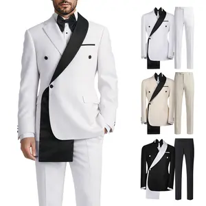 Men’s 2-Piece Contrast Color Tuxedo Suit, Double Breasted Shawl Lapel Blazer & Pants, Slim Fit Wedding Prom Party Outfit