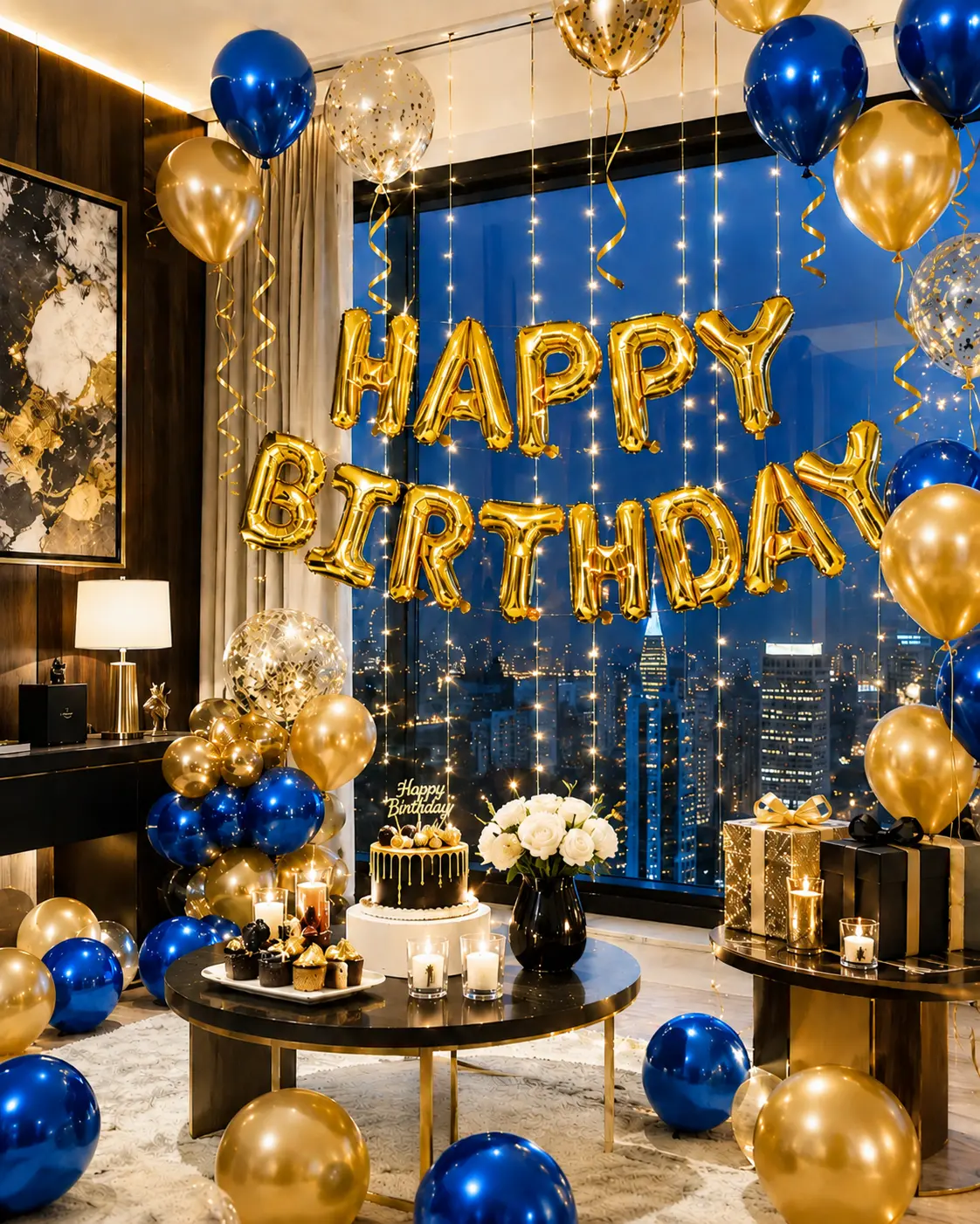 43pcs Gold "Happy Birthday" Balloon Set, 16" Foil Letters with Blue & Gold Latex Balloons, Romantic Birthday Party, Anniversary & Celebration Decorations