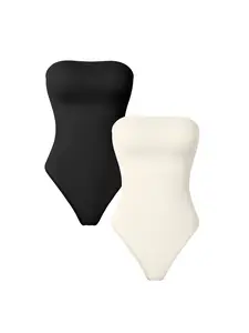 OYV Women's Tummy Control Shapewear Bodysuit Strapless Ribbed Tube Top Slimming Seamless Bodysuit