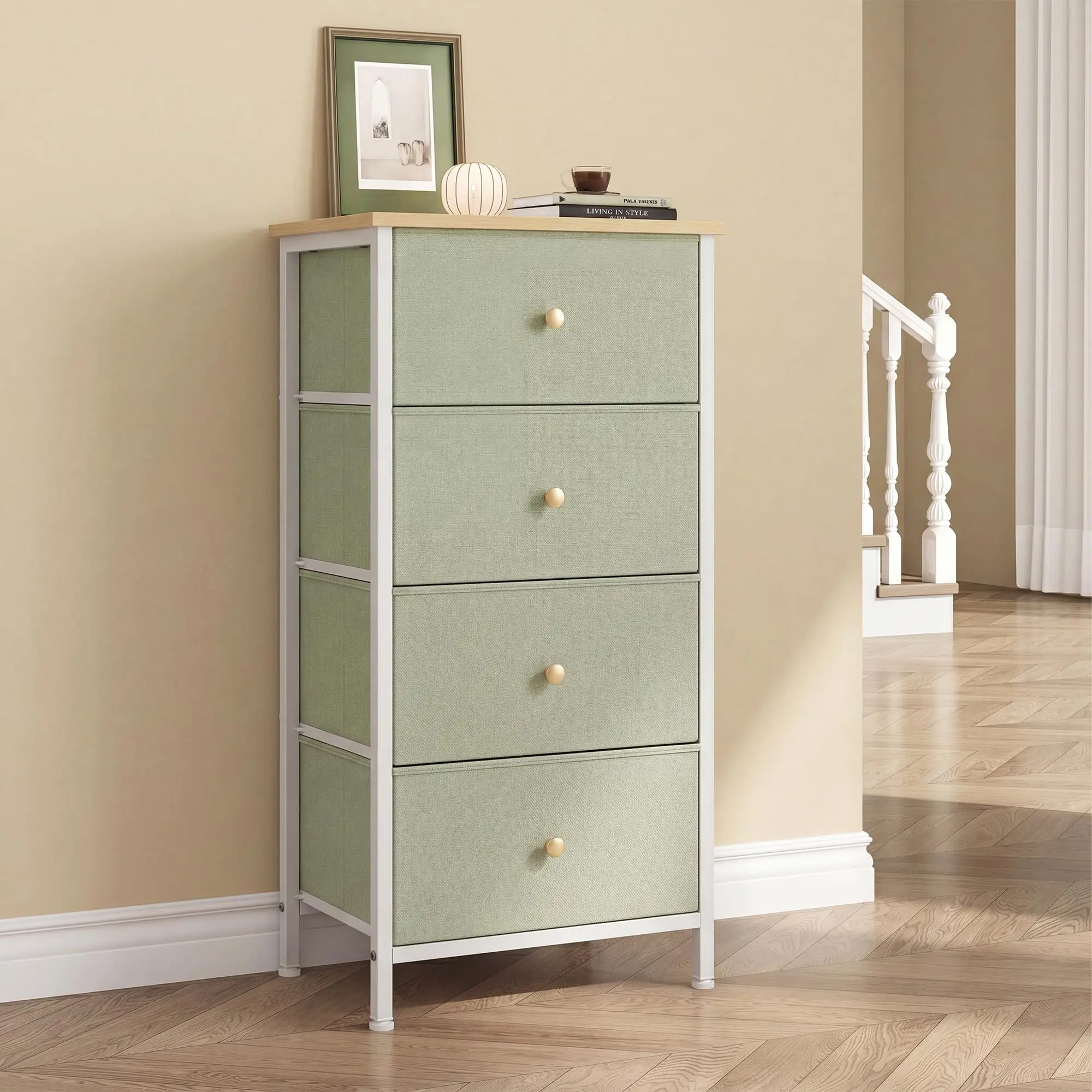 4 Drawer Fabric Dresser with Wood Top, Lightweight Storage Tower for Bedroom, Small Nightstand Chest with Drawers for Clothes, Accessories and Daily Essentials, Compact Organizer for Apartment, Dorm, Closet and Small Spaces