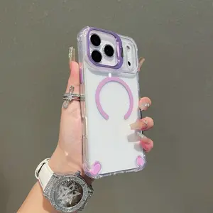 Magnetic Case for iPhone 17 Pro Max, 16, 15, 14, 13 Pro Max, Plus, Lens Protector, Metal Camera Ring Stand, Wireless Charging, Shockproof, Acrylic Shell