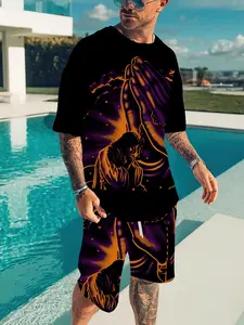 Men's Casual Fashion Short Sleeve Set, Breathable Quick-Dry Polyester Fabric, Summer Prayer Pattern Shorts 2 Piece Set