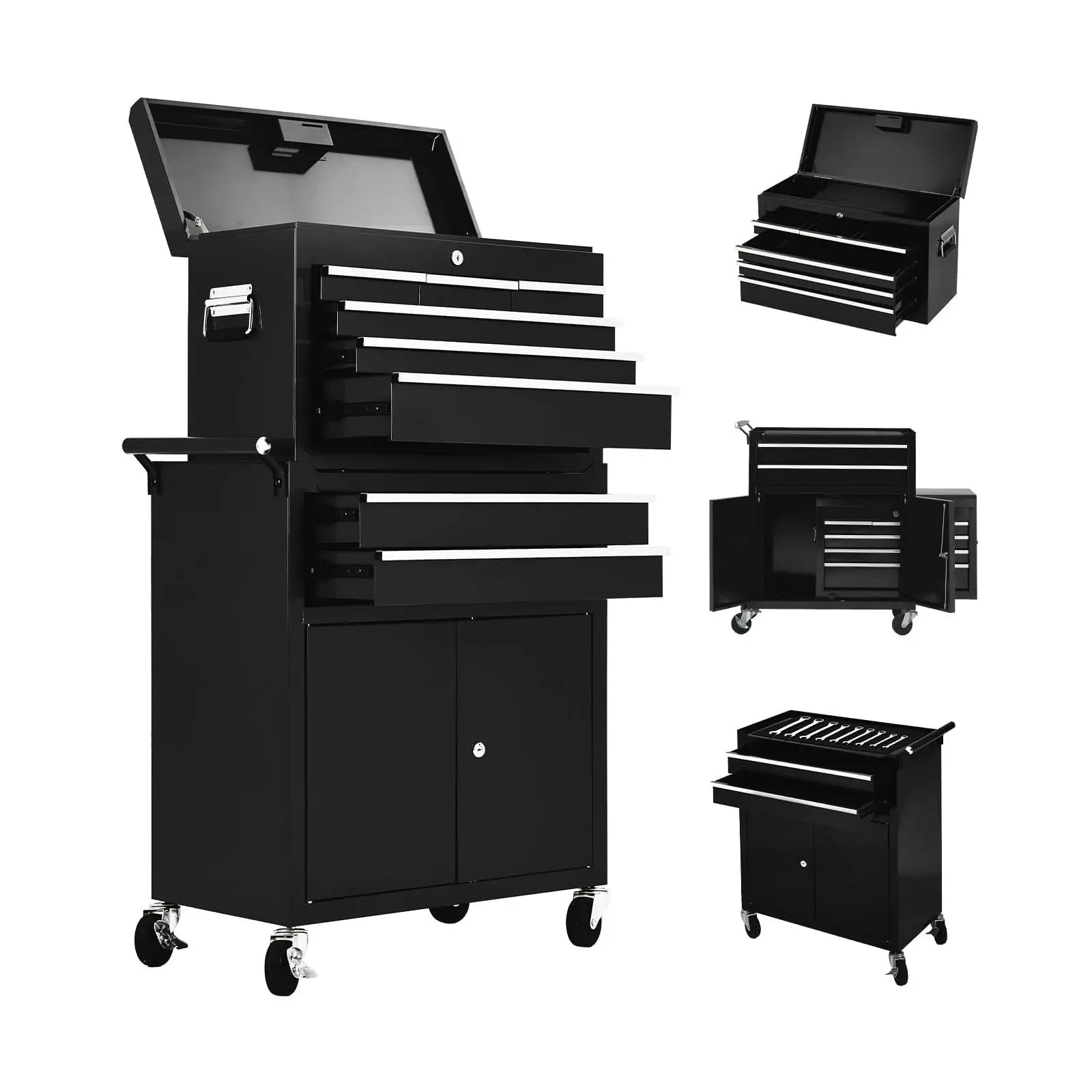 GAOMON 8-Drawer Rolling Tool Chest, 2-in-1 High Capacity Removable Cabinet Storage Tool Box with Wheels and Drawers, Detachable Toolbox with Lock for Workshop Mechanics Garage (Black)