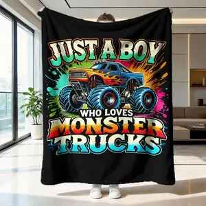 Monster Truck Themed Slogan Print Blanket for Kids, Soft Plush Fabric, Warm and Cozy Throw, Perfect Gift for Monster Truck Fans and Birthday Parties