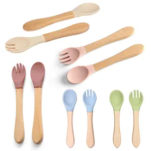 Teen Self-Service Dinner Fork & Spoon Set, Cutlery Utensil Sets, Bamboo & Silicone Kids Utensils, Perfect Christmas & New Year Gift, Unisex Design