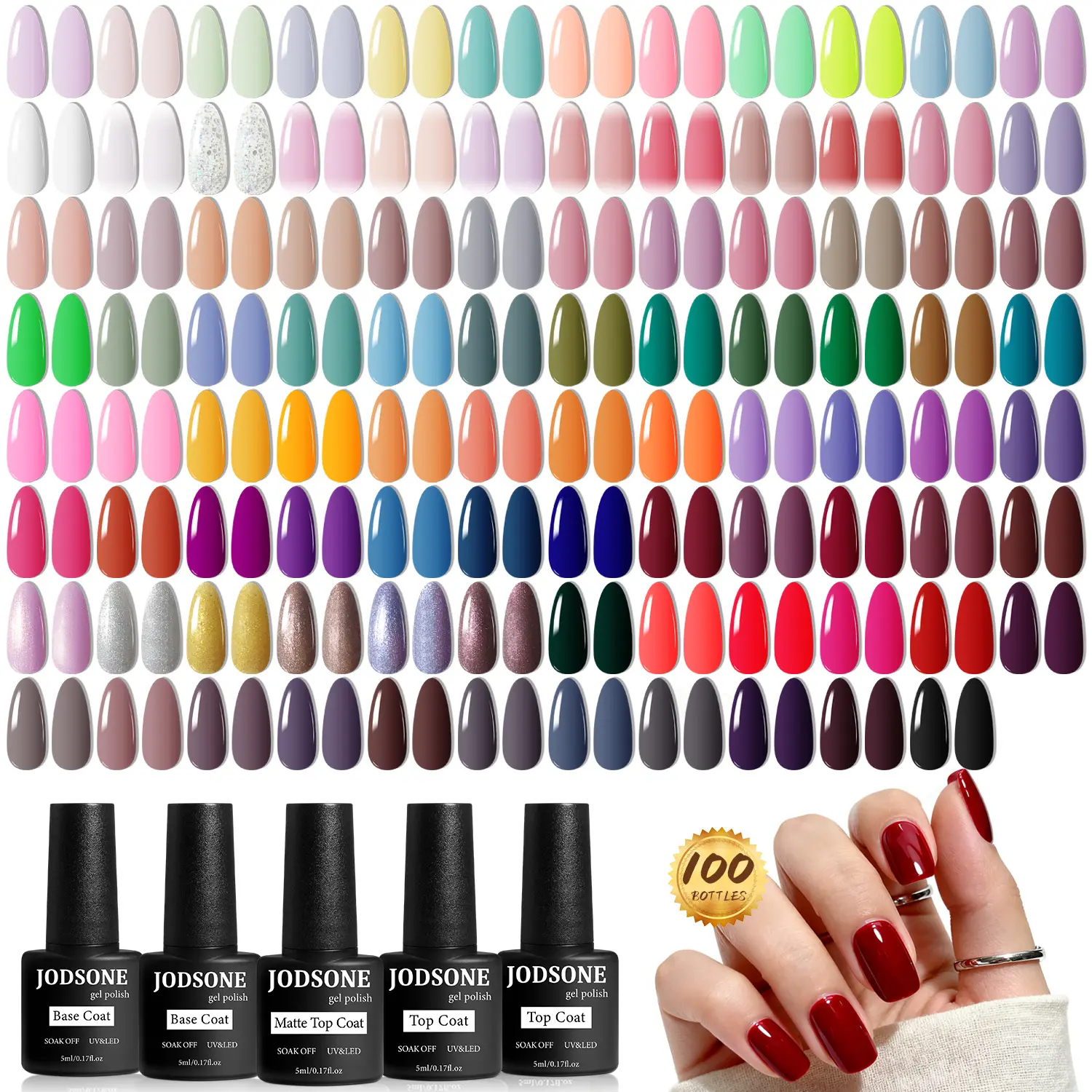 JODSONE 95-Color Gel Polish Set, 100-Piece Long-Lasting Soak-Off UV/LED Kit with Base, Matte & Glossy Top Coats for DIY Manicure, Daily & Holiday Beauty Products