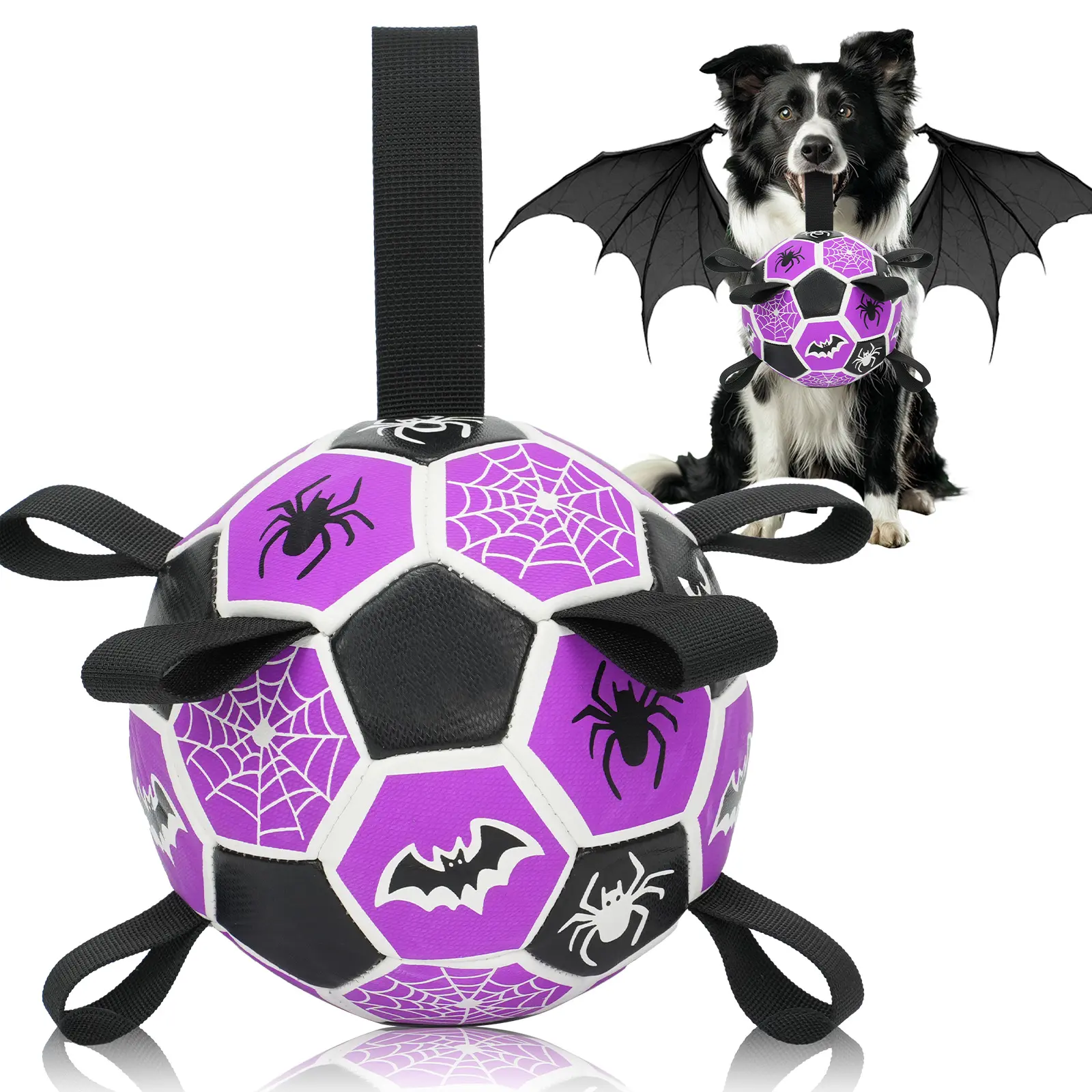 Halloween Dog Chew Ball Heavy-Duty Purple & Black Soccer-like Pet Toy with Rope Tie for Puppy Teething Fetch Halloween Party Decorations Natural Rubber Chewproof Ball