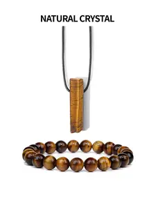 Natural Stone Tiger Eye Beaded Bracelet & Pendant Necklace, Fashion Jewelry for Party, Daily Clothing Decor, Trendy All-match & Exquisite Jewelry for Birthday Gift