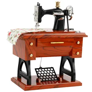 Mini Vintage Sewing Machine Music Box - Clockwork Home & Desk Decoration Perfect Birthday & Christmas Gift with Wooden Base and Floral Cover