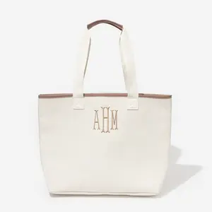 Marleylilly ML Ivory Monogrammed Tote Bag - Personalized Polyester Canvas Tote Bag with Interior Pocket, Open Top, and Two Drop Handles