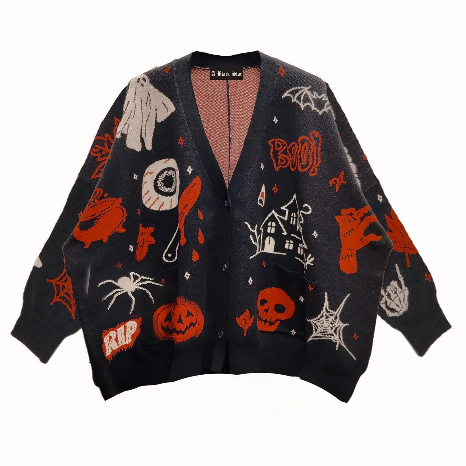 Halloween Patch Slouchy Cardigan – Ghost, Eyeball, Pumpkin, Skull & Haunted House Button-Up Sweater, Gothic Spooky Fall Outfit