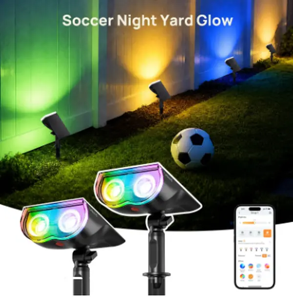 Smart Solar Spotlight 2 Pack, RGBTW Color Changing Cool & Warm White Landscape Lighting, APP Control Solar Lights Outdoor, IP67 Waterproof Garden Pathway Yard Decor Lights, Customizable Scenes via AiDot App