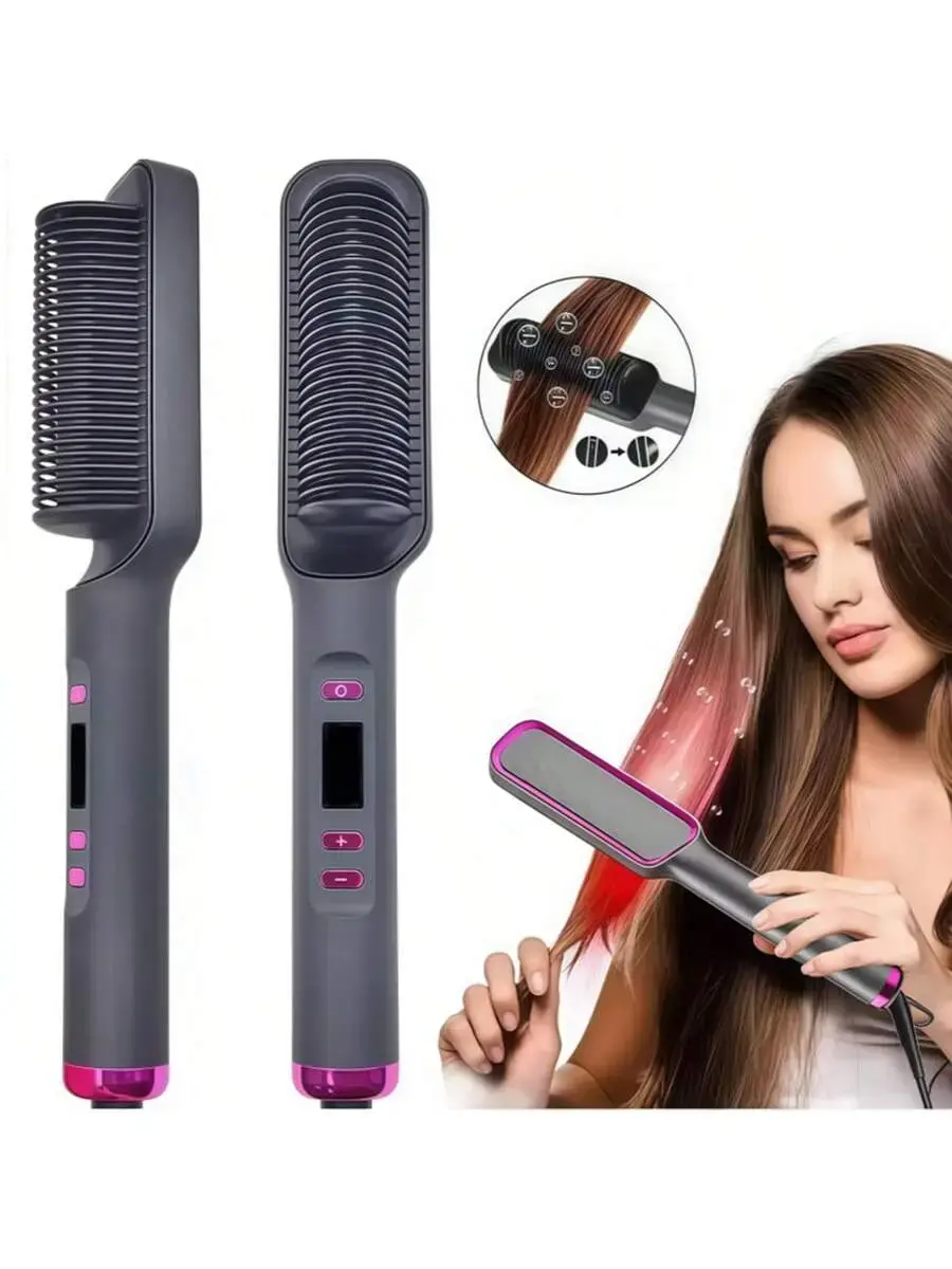 Hair Straightener Brush Hot Comb, 2 in 1 Ceramic Heated Straightening Comb Anti-Scald Electric Curling Iron Brush, Fast Heating Anti-Frizz Hair Styler with LCD Temp Control for Women