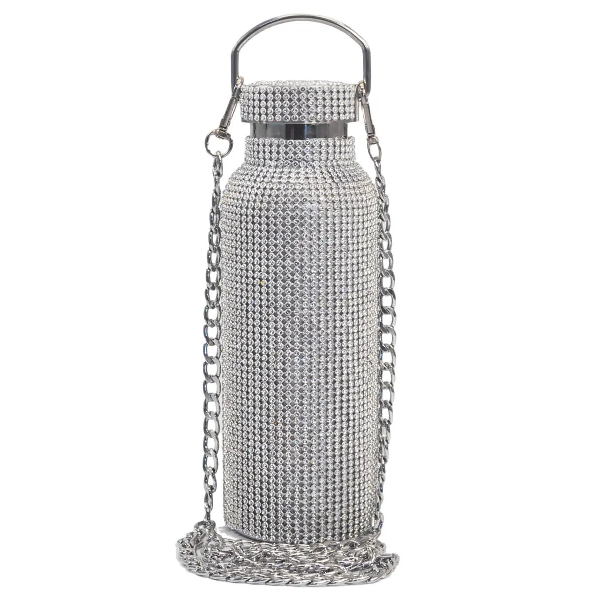 Cupcupmore Modern 17 oz Silver Bling Rhinestone Stainless Steel Double-Walled Vacuum Insulated Thermal Water Bottle - Leak-Proof, Glitter & Chain Mug, 12Hours Cold Retention, Gift for Women and Girls, Daily Use