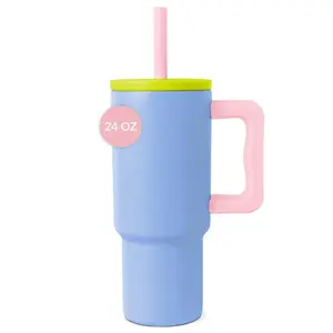 DUPE Kids 24 oz Tumbler with Handle and Silicone Straw Lid, Spill Proof Water Bottle and Leak Resistant Travel Cup, Reusable Stainless Steel Bottle, Modern Gift for Kids Boys Girls (Multi-Color Blue)