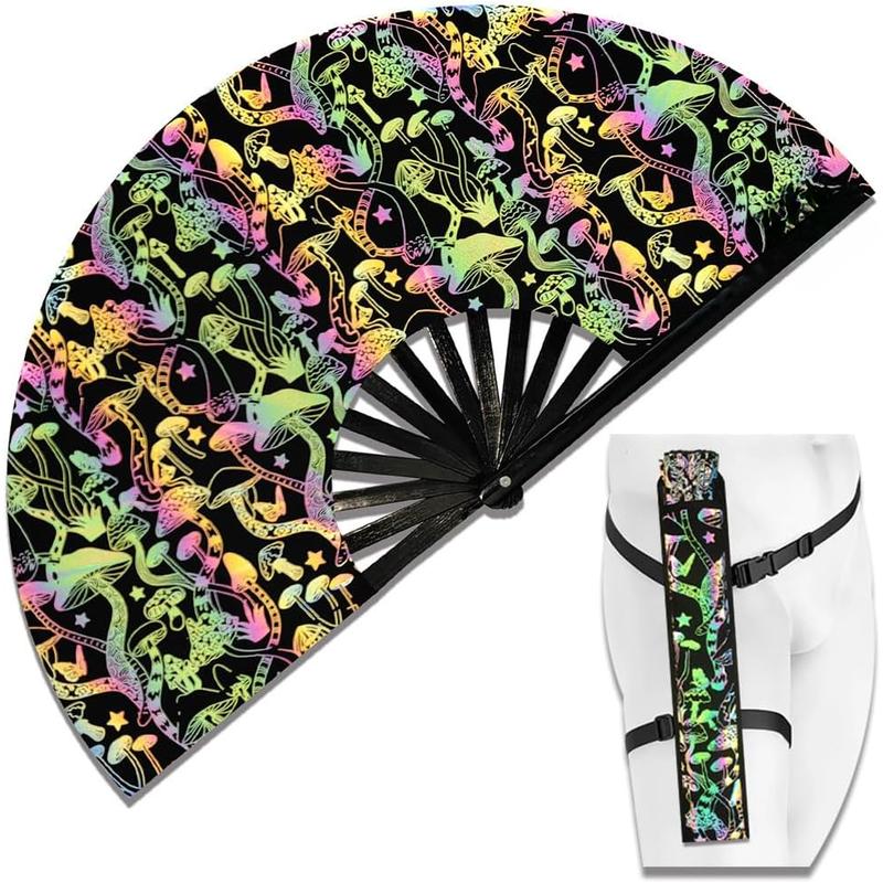 Lridescent Holographic Large Rave  Folding Clack Hand Fan With Holster for Men/Women Handheld Fan for EDM,Music Festival,Club,Freaky,Party,Dance,Performance,Decoration,