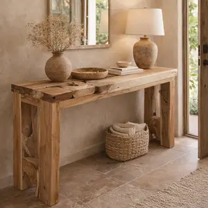 Sustainable Teak Wood Console Table - Charming Rustic Entryway Piece