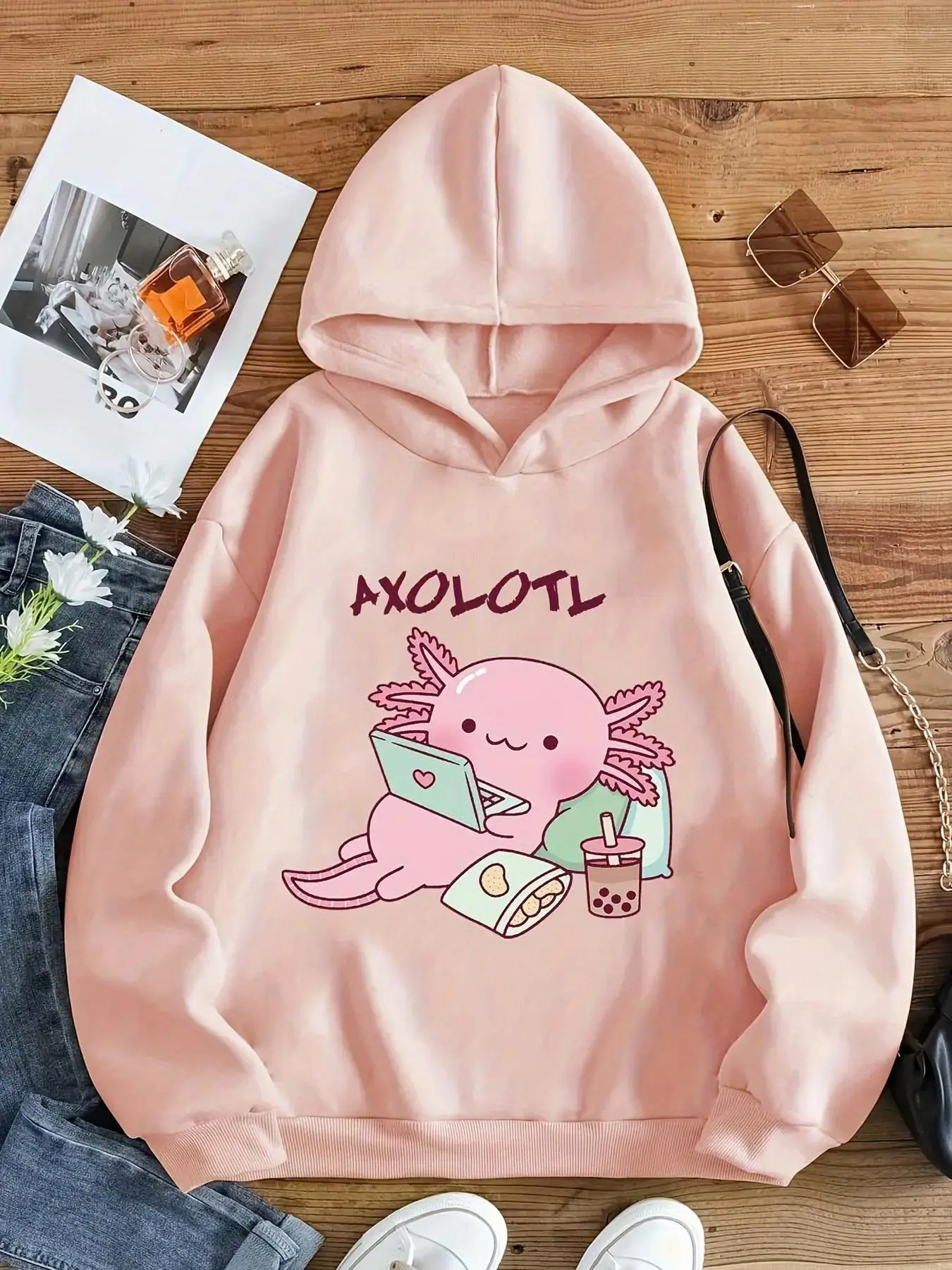 Girl's Cartoon Salamander & Letter Print Drop Shoulder Hoodie, Cute Casual Long Sleeve Hooded Sweatshirt for Daily Holiday Outdoor Wear, Girls Clothin