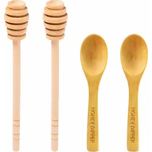 4Pcs Wooden Honey Dipper Sticks – 6.3" Mini Stirrer Spoons for Drizzling Honey, Mixing, and Serving from Jars – Rustic Party Favor for Tea Time, Gifts, Weddings, and Aesthetic Kitchen Decor