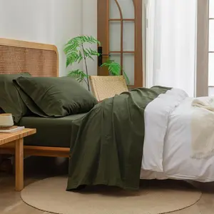 Sheet 100% Washed Linen Feel Super Comfortable Lightweight 4 Olive Green Queen